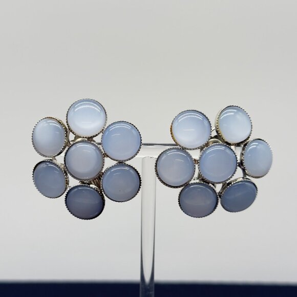 Vintage Moonstone Lucite Moonglow Clip-On Earrings Cluster Silver Tone NOTE - Picture 4 of 13